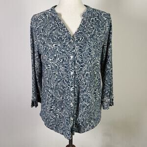 Woolovers Linen Top Women's Medium Botanical Print Blue Boho V Neck 3/4 Sleeve